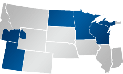 map showing geographical area served: Utah, Southern Idaho, North Dakota, Minnesota, Wisconsin and Upper Michigan